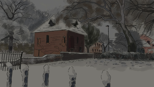 Red Tower in Snow, Digital-art drawn with XP-Pen & Krita software, and based on my own photo of a local scene (taken in 2024). No AI used.