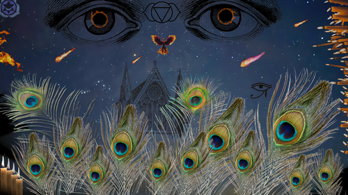 Cathedral of Ancestors, Base layer is a photograph of the predawn in Kauai I took a few days ago. The ancestors are like eyes watching us from the heavens, with old structures falling and the possibility of new ones being formed. Created with Canva.